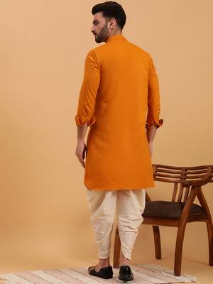 Namaskar Musturd Cotton Full Sleeves Solid Above Knee length Regular Fit kurta for men 4