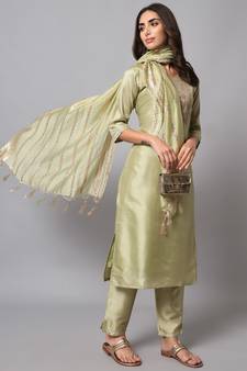 Light-green embroidered chanderi silk Kurta Pant With Dupatta