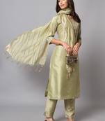 Light-green embroidered chanderi silk Kurta Pant With Dupatta