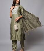Mehendi embroidered chanderi silk Kurta Pant With Dupatta