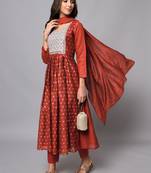 Maroon embroidered chanderi silk Kurta Pant With Dupatta