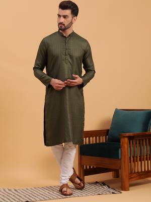 Namaskar Green Cotton Full Sleeves Self Design Knee Length Regular Fit kurta for men 1