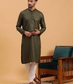 Namaskar Green Cotton Full Sleeves Self Design Knee Length Regular Fit kurta for men