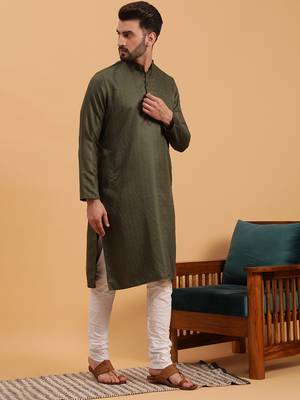 Namaskar Green Cotton Full Sleeves Self Design Knee Length Regular Fit kurta for men 2