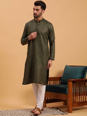 Namaskar Green Cotton Full Sleeves Self Design Knee Length Regular Fit kurta for men 3