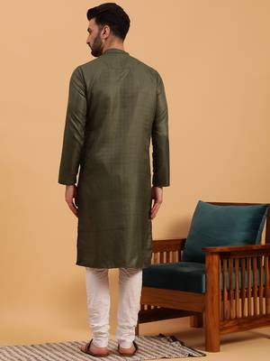 Namaskar Green Cotton Full Sleeves Self Design Knee Length Regular Fit kurta for men 4