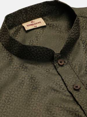 Namaskar Green Cotton Full Sleeves Self Design Knee Length Regular Fit kurta for men 5