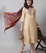 Beige embroidered cotton silk Kurta Pant With Dupatta