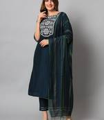 Cobalt-blue embroidered silk blend Kurta Pant With Dupatta