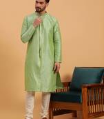 Namaskar SEA GREEN SILK Full Sleeves Self Design Knee Length Regular Fit kurta for men