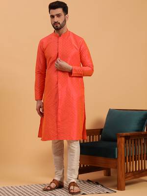 Namaskar ORANGE SILK Full Sleeves Self Design Knee Length Regular Fit kurta for men 1