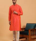 Namaskar ORANGE SILK Full Sleeves Self Design Knee Length Regular Fit kurta for men