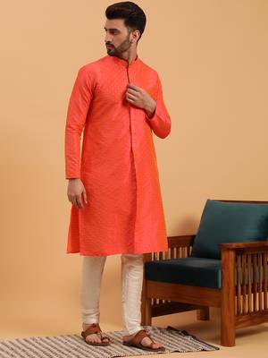 Namaskar ORANGE SILK Full Sleeves Self Design Knee Length Regular Fit kurta for men 2