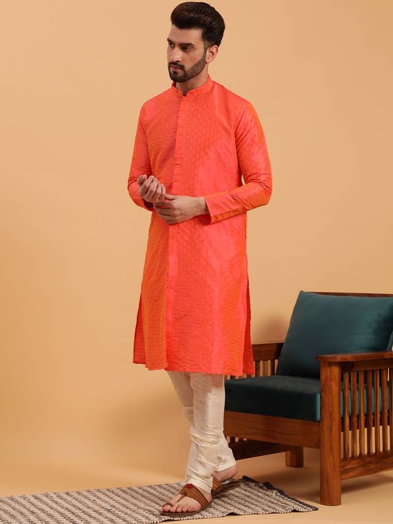 Namaskar ORANGE SILK Full Sleeves Self Design Knee Length Regular Fit kurta for men