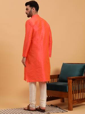 Namaskar ORANGE SILK Full Sleeves Self Design Knee Length Regular Fit kurta for men 4