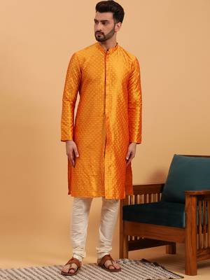Namaskar MUSTURD SILK Full Sleeves Self Design Knee Length Regular Fit kurta for men 1