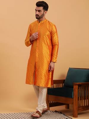 Namaskar MUSTURD SILK Full Sleeves Self Design Knee Length Regular Fit kurta for men 2
