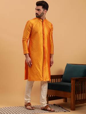 Namaskar MUSTURD SILK Full Sleeves Self Design Knee Length Regular Fit kurta for men 3