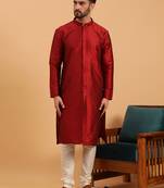 Namaskar MARROON SILK Full Sleeves Self Design Knee Length Regular Fit kurta for men
