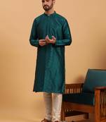 Namaskar DARK GREEN SILK Full Sleeves Self Design Knee Length Regular Fit kurta for men