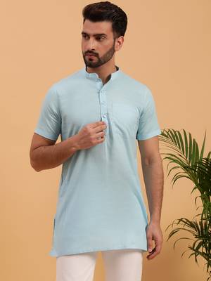 Namaskar SKY BLUE COTTON Half Sleeves Solid Medium Length Regular Fit kurta for men 1