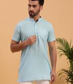 Namaskar SKY BLUE COTTON Half Sleeves Solid Medium Length Regular Fit kurta for men