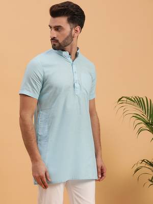 Namaskar SKY BLUE COTTON Half Sleeves Solid Medium Length Regular Fit kurta for men 3