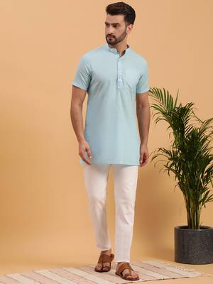 Namaskar SKY BLUE COTTON Half Sleeves Solid Medium Length Regular Fit kurta for men 5