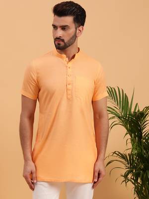 Namaskar ORANGE COTTON Half Sleeves Solid Medium Length Regular Fit kurta for men 1