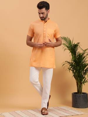 Namaskar ORANGE COTTON Half Sleeves Solid Medium Length Regular Fit kurta for men 5