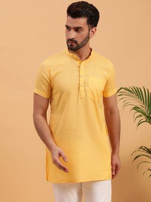 Namaskar YELLOW COTTON Half Sleeves Solid Medium Length Regular Fit kurta for men 1