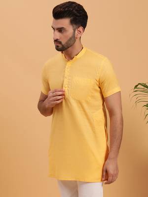 Namaskar YELLOW COTTON Half Sleeves Solid Medium Length Regular Fit kurta for men 2