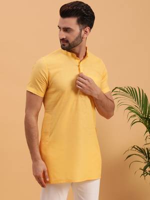 Namaskar YELLOW COTTON Half Sleeves Solid Medium Length Regular Fit kurta for men 3