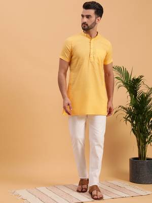 Namaskar YELLOW COTTON Half Sleeves Solid Medium Length Regular Fit kurta for men 5