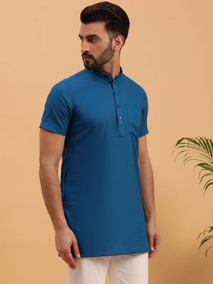 Namaskar NAVY BLUE COTTON Half Sleeves Solid Medium Length Regular Fit kurta for men 3