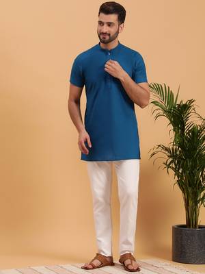Namaskar NAVY BLUE COTTON Half Sleeves Solid Medium Length Regular Fit kurta for men 5