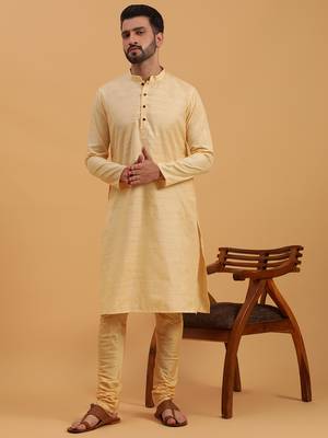 Namaskar CREAM SILK Full Sleeves Self Design Knee Length Regular Fit kurta for men 1