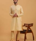 Namaskar CREAM SILK Full Sleeves Self Design Knee Length Regular Fit kurta for men