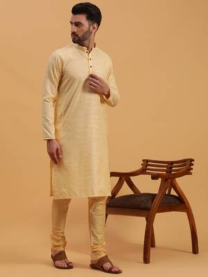 Namaskar CREAM SILK Full Sleeves Self Design Knee Length Regular Fit kurta for men 3