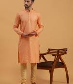 Namaskar PEACH SILK Full Sleeves Self Design Knee Length Regular Fit kurta for men