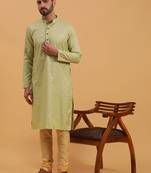 Namaskar SEA GREEN SILK Full Sleeves Self Design Knee Length Regular Fit kurta for men