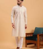 Namaskar ORANGE COTTON Full Sleeves Self Design Knee Length Regular Fit kurta for men