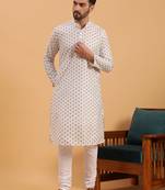 Namaskar PURPLE COTTON Full Sleeves Self Design Knee Length Regular Fit kurta for men