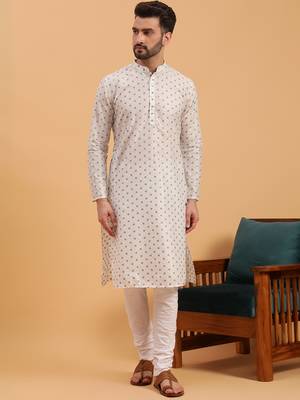 Namaskar GREY COTTON Full Sleeves Self Design Knee Length Regular Fit kurta for men 1
