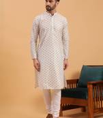 Namaskar GREY COTTON Full Sleeves Self Design Knee Length Regular Fit kurta for men