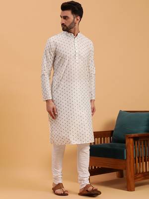 Namaskar GREY COTTON Full Sleeves Self Design Knee Length Regular Fit kurta for men 3