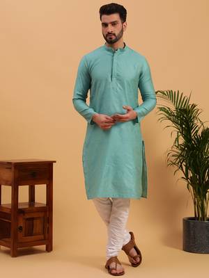 Namaskar SKY COTTON Full Sleeves Self Design Knee Length Regular Fit kurta for men 1