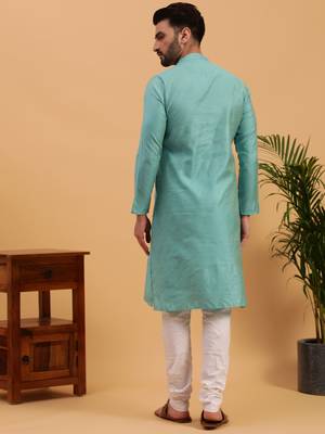 Namaskar SKY COTTON Full Sleeves Self Design Knee Length Regular Fit kurta for men 4