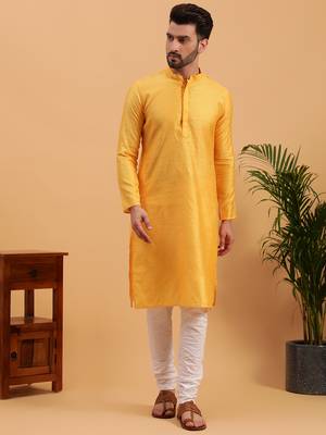 Namaskar YELLOW COTTON Full Sleeves Self Design Knee Length Regular Fit kurta for men 1