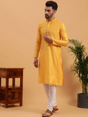 Namaskar YELLOW COTTON Full Sleeves Self Design Knee Length Regular Fit kurta for men 2